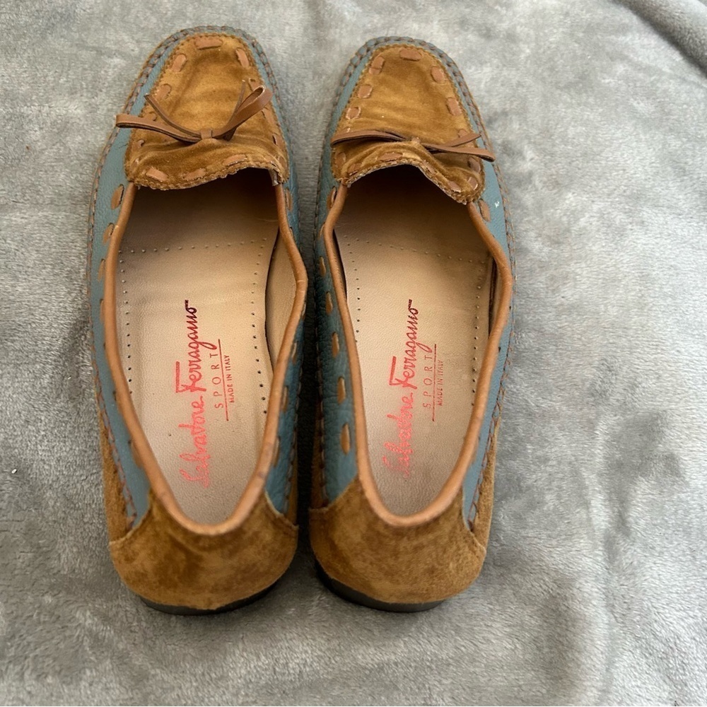 Salvatore Ferragamo Women’s Loafers 9.5 Light Brown Light Blue Woven Bow Casual - Picture 7 of 15